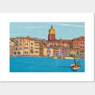 Harbour View St Tropez France Retro Inspired Style Illustration Posters and Art